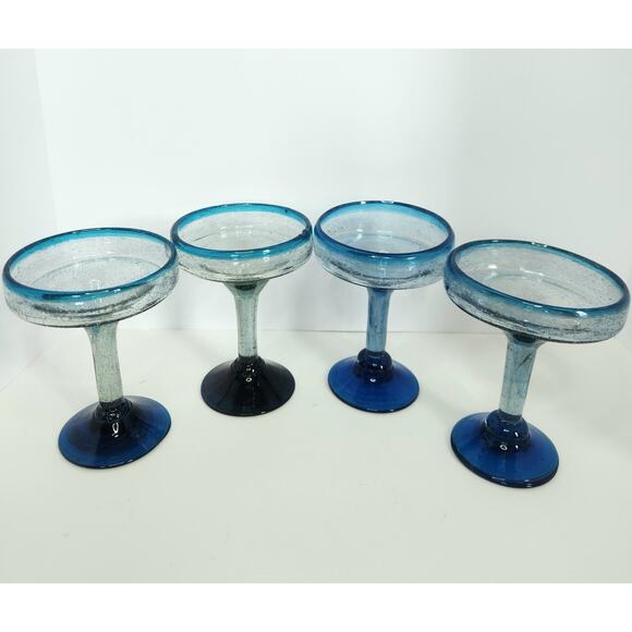 Set 4 Handblown Blue Glass Margarita Goblets Mexico Bubble Rim Vintage Barware - Picture 2 of 12